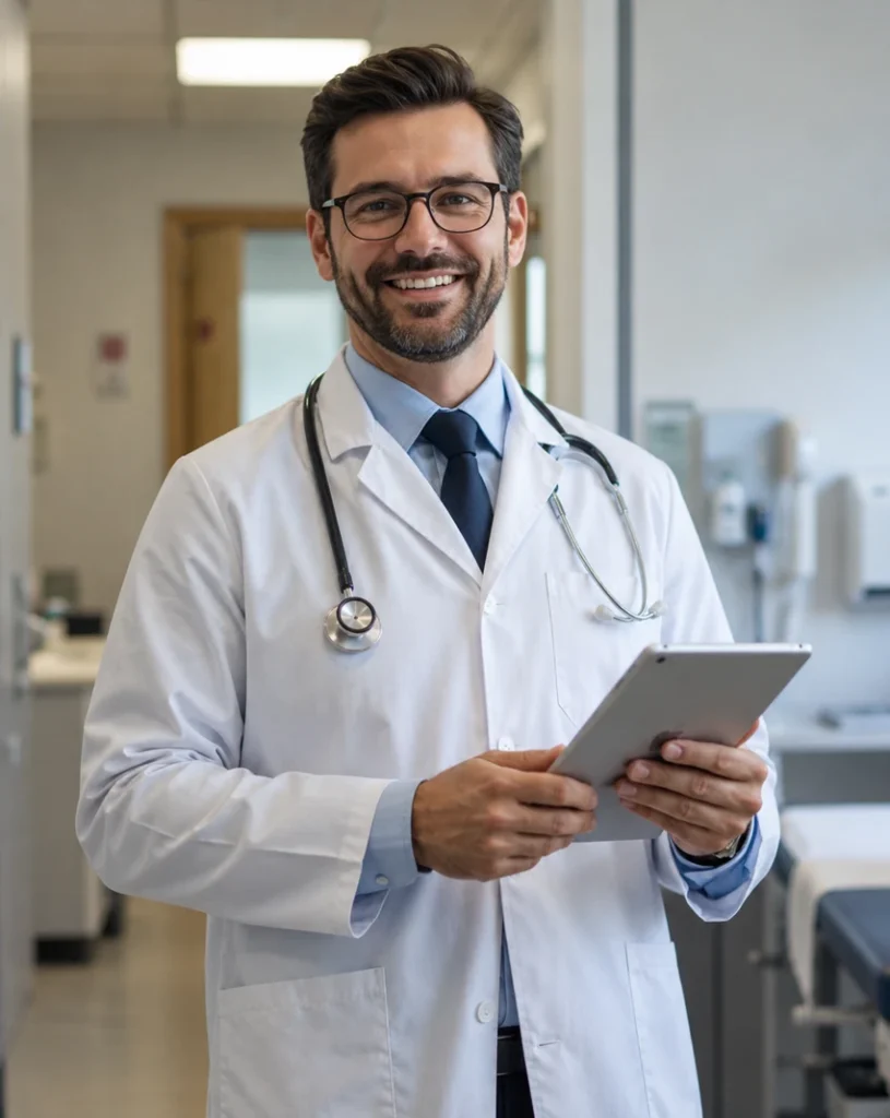 Médico usando o software OnMed no tablet no consultório